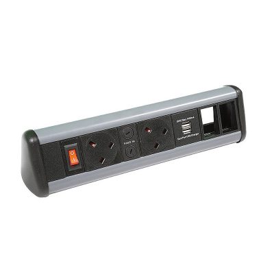 Desktop Unit with 2 x UK Sockets 2 x 6C Cutouts and 1 x Dual USB Charger