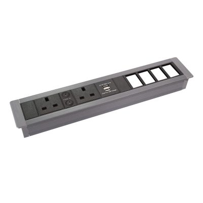 Surface Mount In Desk Unit with 2 x UK Sockets 4 x 6C Cutouts and Dual USB Charger