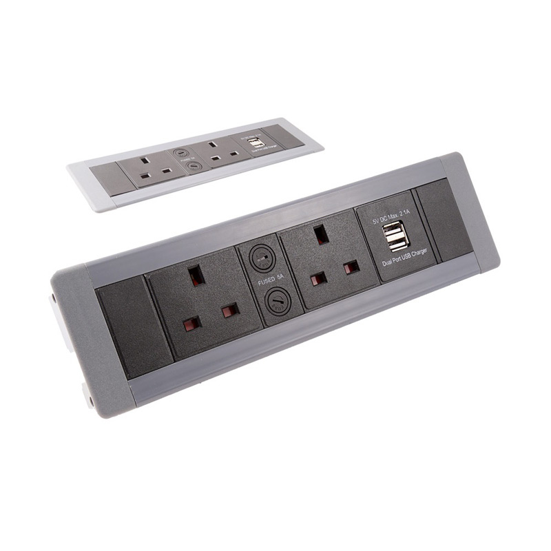 Surface Mount In Desk Unit with 2 x UK Sockets and Dual USB Charger