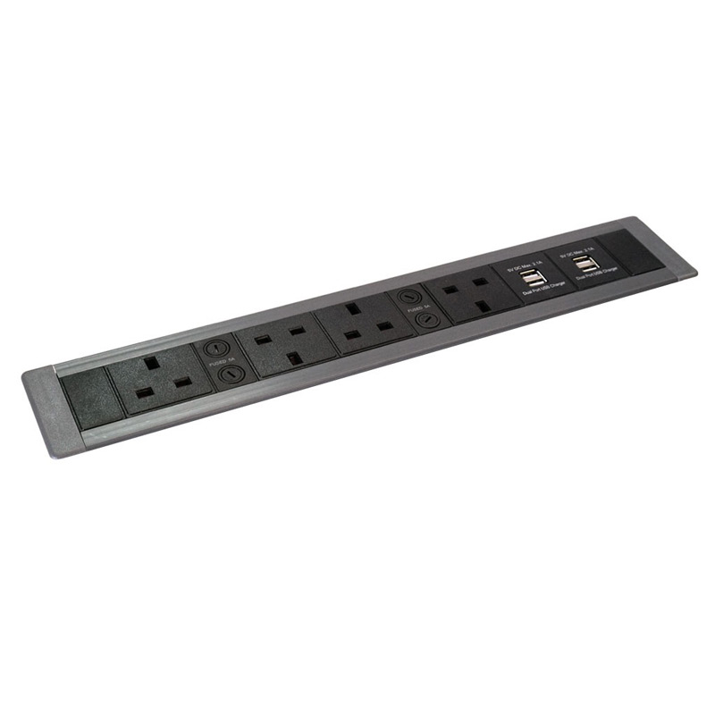 Surface Mount In Desk Unit with 4 x UK Sockets and 2 x Dual USB Charger