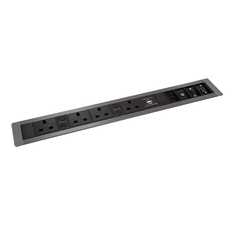 Surface Mount In Desk Unit with 4 x UK Sockets 4 x 6C Cutouts and Dual USB Charger