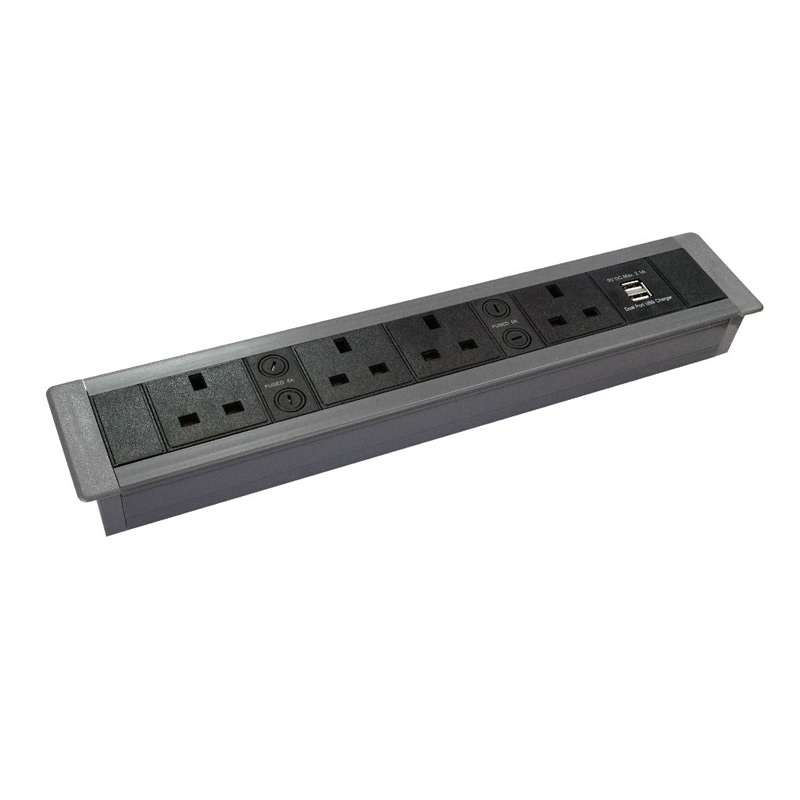 Surface Mount In Desk Unit with 4 x UK Sockets and Dual USB Charger